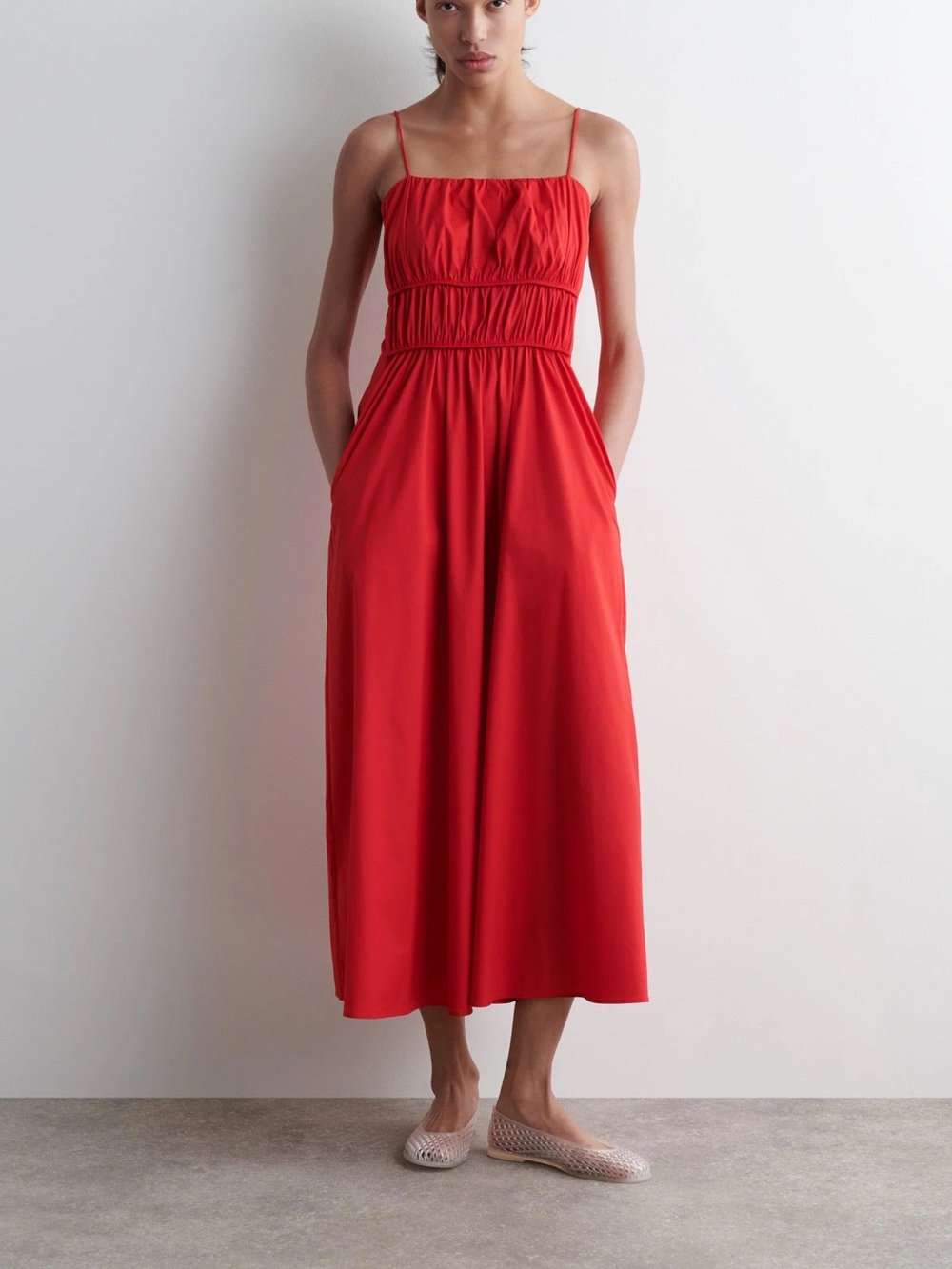 NWT Cos Poplin Red Spaghetti Strap Midi Dress New With Tags Womens 10 Smocked